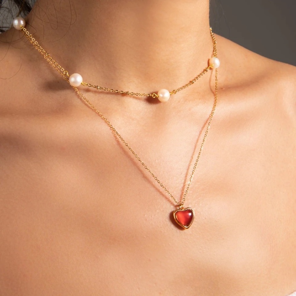 18k Gold Plated Natural Stone Heart Pendant Necklace - Picture 2 of 9